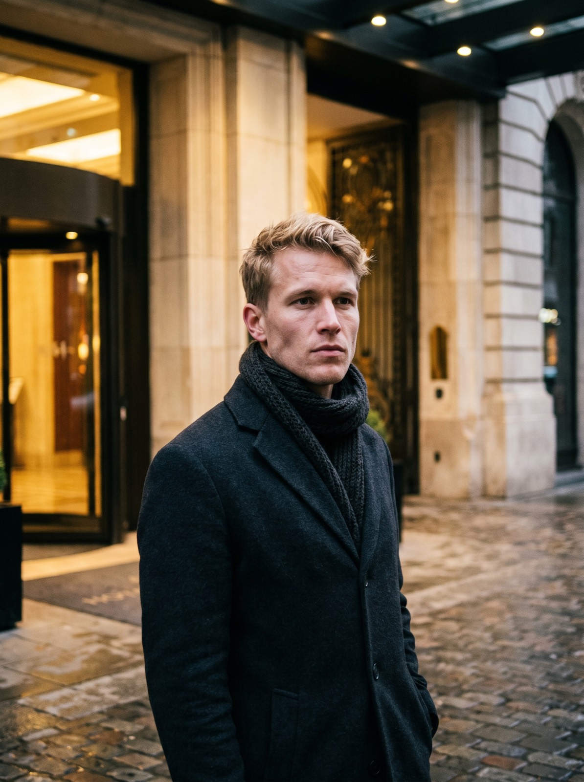 Nikolai, portrait against a stone wall at dusk
